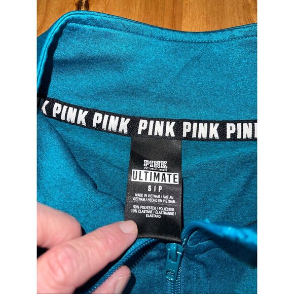 Victoria's Secret Pink Ultimate Jacket S Teal 1/2 Zip Thumb Holes Spell Out Logo - Picture 3 of 8
